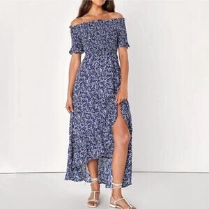 LULUS Fleur-Tation Blue Floral Off Shoulder Midi Hi Lo Dress XL Smocked Cottage